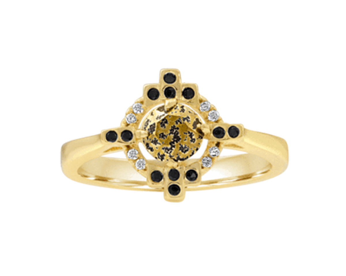 Round Art Deco Gold Ring with Black Swarovski Crystals