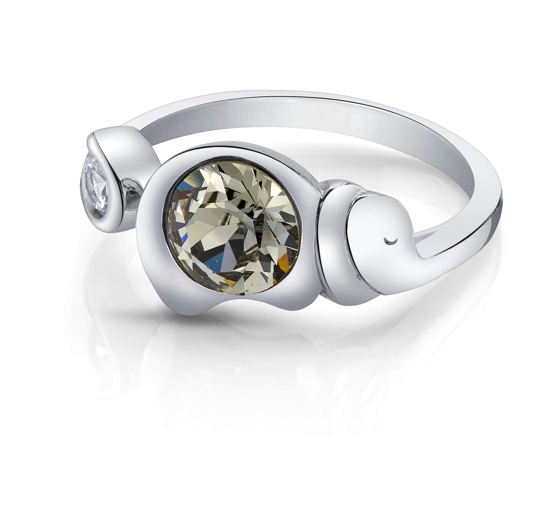 Elephant Silver Ring with Night Swarovski Crystals