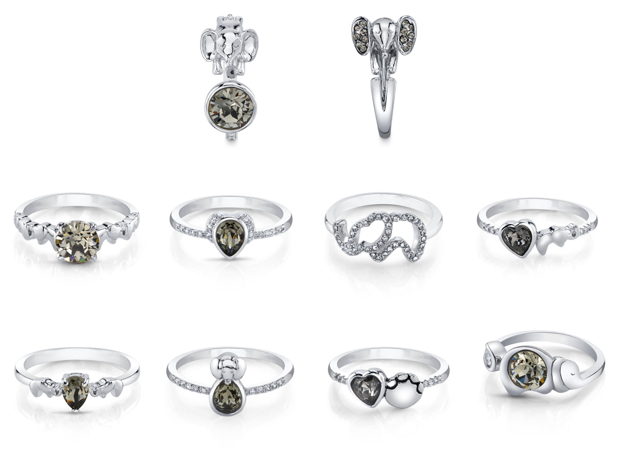 Elephant Silver Night Swarovski Crystals Ring Collection